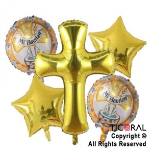 SET DE GLOBOS METALIZADO BAUTISMO AMARILLO CRUZ 5 UNIDADES X 1